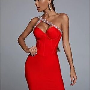 One-Shoulder Red Rhinestone Accent Dress